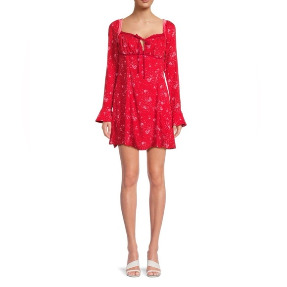 NWT FREE PEOPLE Bell Sleeve Floral Mini Peasant Dress Pop Red Combo - Picture 4 of 14